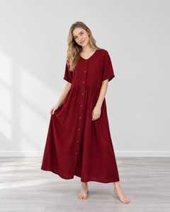Robe personnalisée en coton et lin pour femme, boutonnée sur le devant, col en V, manches courtes, coupe décontractée, grandes tailles, fournisseur B2B en gros pour l'exportation - Product Image 2