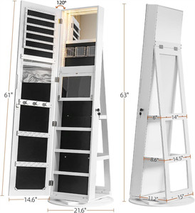 Armadio Portagioie Girevole da Terra in MDF con <span class=keywords><strong>Specchio</strong></span> a Figura Intera e Luci a LED, Rotazione a 360° - Product Image 3