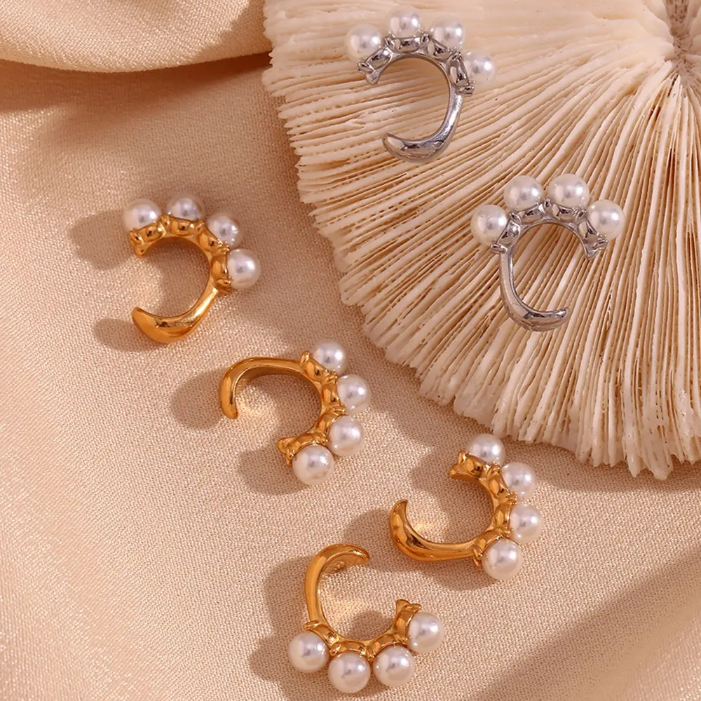 Elegante perla Clip en pendiente chapado en oro pendientes para mujer joyería de acero de titanio