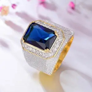 Cincin Safir Biru Besar Buatan Persegi untuk Pria, Harga Murah