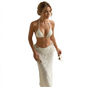 Floral Crochet 3 Piece <b>Bikini</b> Set Triangle Halter Tie-Side Swimsuit Maxi Cover-Up <b>Skirt</b> Women Beach Front Quick-Dry Wholesale - Product Image 6