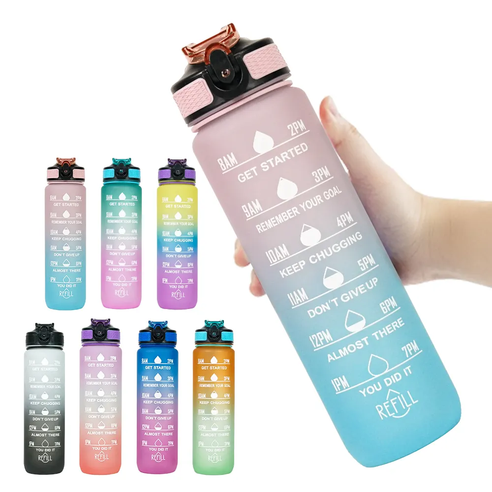 Garrafa de água plástica com marcador de tempo para escola comercial personalizada viagem transparente 350 ml esportiva