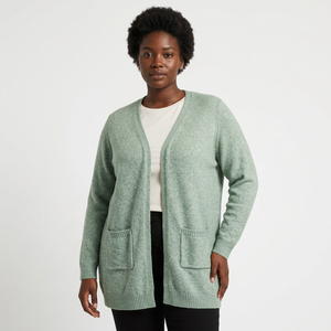 Cárdigan Casual Abierto de Punto Verde Menta Sólido para Mujer, Manga Larga, con Bolsillos, Prenda Superior Cálida para Otoño - Product Image 1