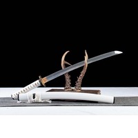 Katana Libellule Blanche de 26 pouces, artisanal, en acier 1065CS, thème Or Blanc, épée de présentation à lame pleine, non affûtée, pièce de collection
