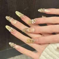 Faux ongles à presser faits main en amande, 10 pièces, ABS, rose nude brillant, motif léopard avec strass, ongles français noirs