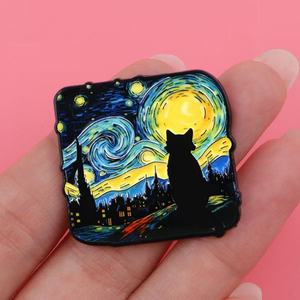 Pin de solapa de esmalte personalizado con diseño de girasol estilo Van Gogh, pintura al óleo de cielo nocturno, negro, para el amor, estilo caricatura - Product Image 3