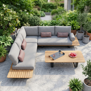 Premium Solid Teak Wood <b>L</b> <b>Shaped</b> <b>Outdoor</b> Sectional <b>Sofa</b> Platform Lounge Couch Set with Table - Product Image 2