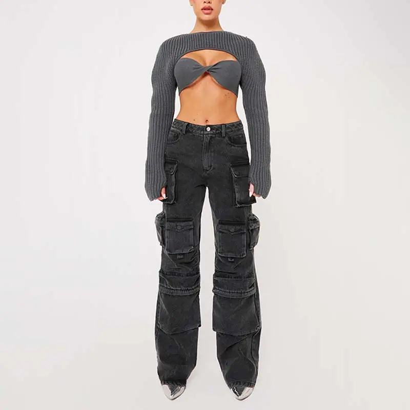 Wholesale 8 Pocket Zip Off Female High Quality Streetwear Black Denim Pants Wide Leg Ladies Oversized Custom Women Cargo Jeans