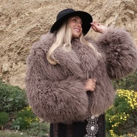 Drop Shipping 100% Manteau de fourrure de laine de Mongolie Plus Size Women Winter Real Tibet Lamb Fur Coat Fashion White Fluffy Fur Short Jacket