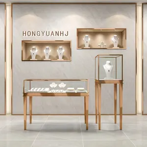 High End takı mağaza ekran perakende özel altın paslanmaz çelik vitrin takı mağazası için ve sayaç