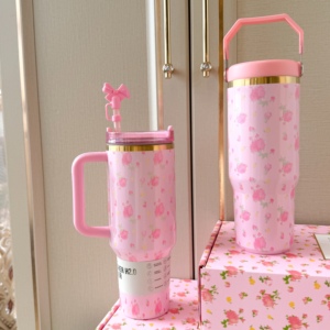 Bouteille d'eau isotherme en acier inoxydable de 40 oz avec poignée, style fleur, pour vente en gros – Gobelet extérieur avec paille - Product Image 2