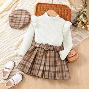 Conjunto de <span class=keywords><strong>2</strong></span> Piezas de Moda Casual para Niñas, Ropa Infantil con Mangas Largas, Cuello de Encaje, Falda Plisada a Cuadros, Boina y Cinturón - Product Image 2