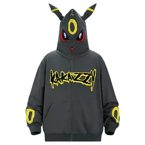 Streetwear oversized hip hop hoody yellow flat embroidery hoodie for men heavy wool terry cartoon embroidery full zip up hoodie