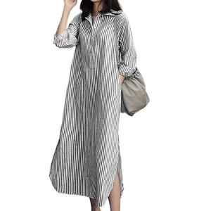 Abito Casual da donna a maniche lunghe con scollo a V a righe ampio lungo abito camicia in <span class=keywords><strong>cotone</strong></span> con - Product Image 2