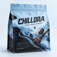 Sachet d'emballage personnalisé à soufflets latéraux pour grains de café froid avec valve de dégazage, fermeture éclair refermable et film haute barrière