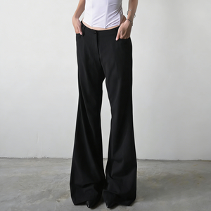 กางเกงสูทผู้หญิงเอวต่ำติดกระดุมด้านหน้า สีพื้น ผ้าทิ้งตัวสวย สไตล์ลำลอง ทรงหลวม แฟชั่นทันสมัย - Product Image 3