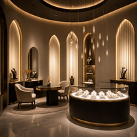 Aménagement intérieur de bijouterie de luxe de style brutaliste, vitrine arquée noire et or sur mesure et aménagement de boutique pour centres commerciaux de luxe