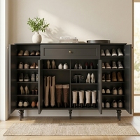 Armoire à chaussures contemporaine à portes battantes, 4 portes, 1 tiroir, panneaux en bois aggloméré, pieds en bois massif, poignées métalliques, durable, blanc crème