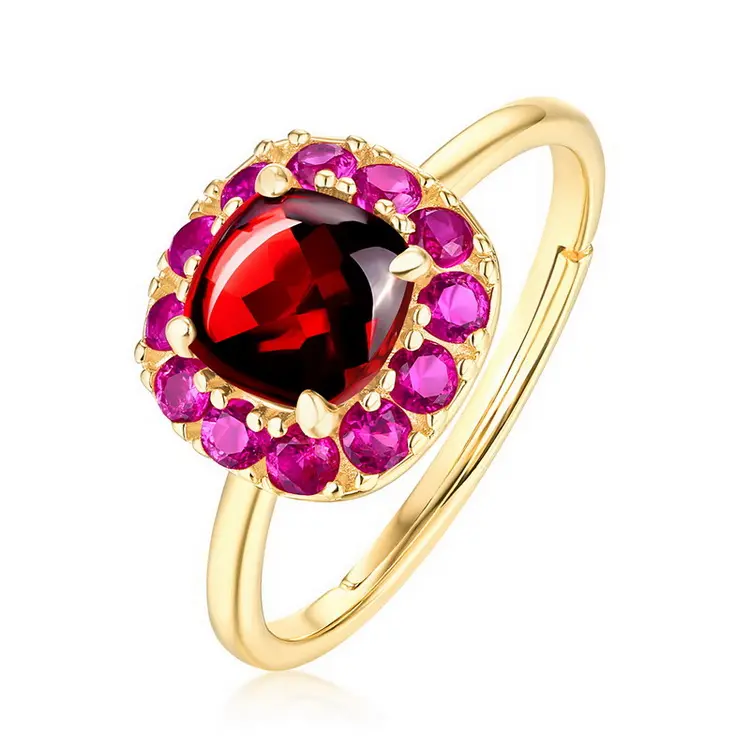 טבעי גרנט זהב מצופה כסף Resizable מקסים טבעת אדום חן גחלת טבעות