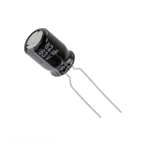 Condensador de canal del fabricante 82 uF EEU-FR1J820B, de aluminio, 82UF, 20%, 63V, radial, TH, de orificio pasante - Product Image 1