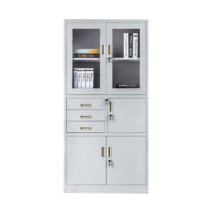 Armoire de rangement en acier au design moderne avec 3 tiroirs et portes vitrées semi-battantes pour écoles, gymnases, ateliers, hôpitaux, supermarchés, salles à manger - Product Image 1