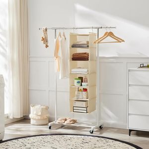 6 Tier Hanging Closet Organizer Cloth <b>Shelf</b> With 2 <b>Hooks</b> Foldable Storage For Bedroom Beige 33x15x85cm Non Woven Fabric - Product Image 2