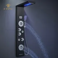 Dijital ekran musluk ışık 5 fonksiyon led akıllı duş seti kulesi masaj sistemi paslanmaz çelik şelale siyah duş paneli