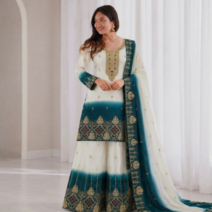 Ensemble Kurti Palazzo Dupatta brodé blanc et bleu sarcelle, coupe droite, tenue de soirée indienne - Product Image 1