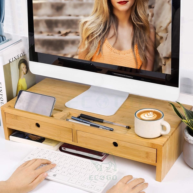 Bamboo Monitor Stand Riser With Drawers,Fancy Desk Organizer Laptop Stand With Keyboard Storage