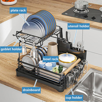 Estante de cocina de 2 niveles de acero inoxidable para platos, escurridor de platos, soporte para jabón con drenaje, organizador de almacenamiento
