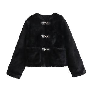 OUDINA giacca da donna all'ingrosso nera con fibbia a molla in pile girocollo invernale alla moda cappotti di <span class=keywords><strong>pelliccia</strong></span> <span class=keywords><strong>per</strong></span> donna - Product Image 5