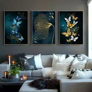 Goldblaues buntes Schmetterlings blatt druckbild auf Leinwand moderne 3 Stück Wandmalerei Kunst