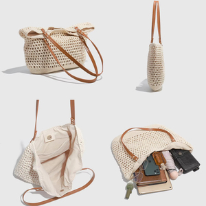 Borsa a Rete da Spiaggia Estiva all'Ingrosso Beige Personalizzata Borsa a Tracolla in Maglia Lavorata a Maglia con Cinghia in Pelle - Product Image 3