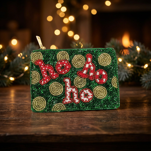 Pochette à monnaie carrée en coton perlé Joyeux Noël, verte et rouge, brodée Ho Ho Ho, avec fermeture éclair, accessoire de mode pour mariage - Product Image 1