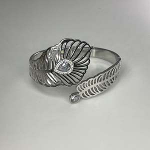 Fashion Bangle 316L Stainless Steel PVD Gold Plating Sustainable Resistant Feather Design <b>Crystal</b> Accent <b>Bracelet</b> - Product Image 1