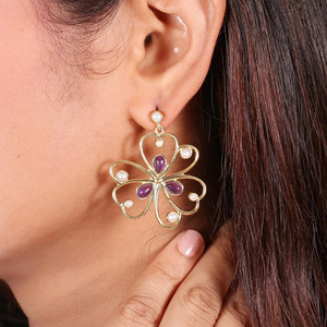 Best Selling Amethyst and Pearl Flower Gold Plated Brass <b>Earrings</b>, Multi gemstone filigree <b>earrings</b> - Product Image 3