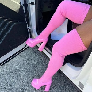 Botas Altas Ajustadas para Mujer, con Caña Tejida Elástica, Tacón Cuadrado y Plataforma, Botines Largos hasta el Muslo, Sexy - Product Image 1