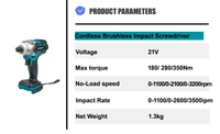 Perceuse à percussion sans fil et tournevis sans balais 21V Lithium-Ion, diamètre de perçage 13mm, composants en cuivre et en fer