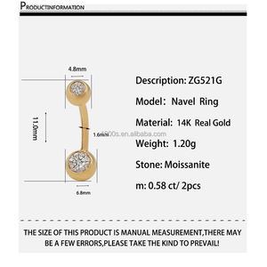 Anillo de oro Real de 14K con moissanita para mujer, joyería personalizada para el vientre, joyería para el ombligo, con botón - Product Image 6