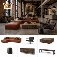 Ensemble de mobilier industriel pour hall d'hôtel avec canapé en cuir, fauteuils lounge, bureau de réception et buffet pour projets