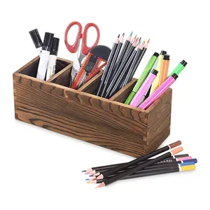 Desktop Pen Organizer Rustic Wood Pencil Holder with 4 Compartment Wooden Pen Holder for Desk