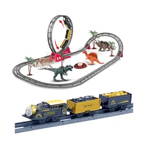 थोक 1 खिलौना ट्रेन-ट्रेन के साथ सेट 46 पटरियों, 1 खिलौना ट्रेन 6 डायनासोर खिलौने 6 पेड़ 1 डायनासोर अंडे और 1 घोंसला, बैटरी संचालित खिलौना ट्रेन सेट