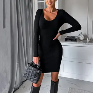 Camadas duplas manga longa Bodycon Mini vestido macio e elegante U volta Design, corte baixo volta abraçar vestidos de elegância/