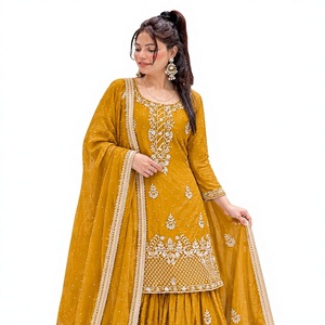 Ensemble Sharara en Georgette brodé jaune moutarde avec dupatta pour femmes - Product Image 2