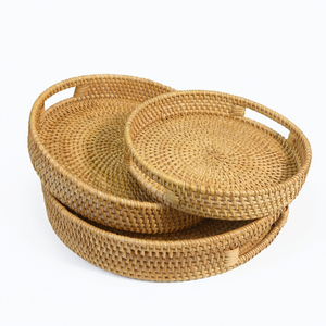 Bandeja de servir redonda de ratán tejido con asas, plato natural hecho a mano para té, aperitivos y frutas, para el hogar, comedor y cocina. - Product Image 2