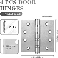 Lot de 4 charnières de porte en acier inoxydable robustes, finition polie, 2 trous, roulement à billes, coins carrés, 4x4 pouces