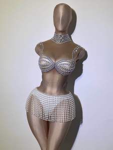 Body de discothèque à franges avec perles, couleur chair, Sexy, sans manches, pour femmes, Costume de scène - Product Image 2