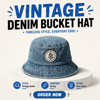 Topi Bucket Denim Vintage Dicuci dengan Patch Mawar Rajut Bundar Kustom, Pinggiran Lebar Dapat Dilipat, Nyaman Dipakai Sepanjang Hari