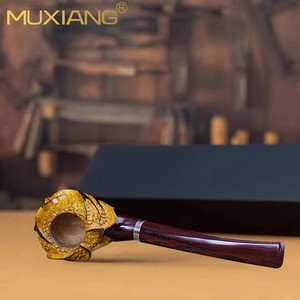 Muxiang Briar Tobacco Pipe Dark Red Engraved Silver Ring Free Form Men's Smoking Pipe - Product Image 3