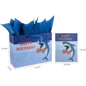 Shark Design Gift Bag With Birthday Card And Tissue Paper 16 Inch <b>Extra</b> <b>Large</b> For Boys - Product Image 5